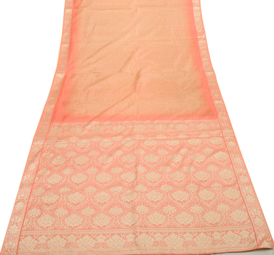 Sushila Vintage Peach Saree 100% Pure Silk Printed & Woven Sari Craft Fabric
