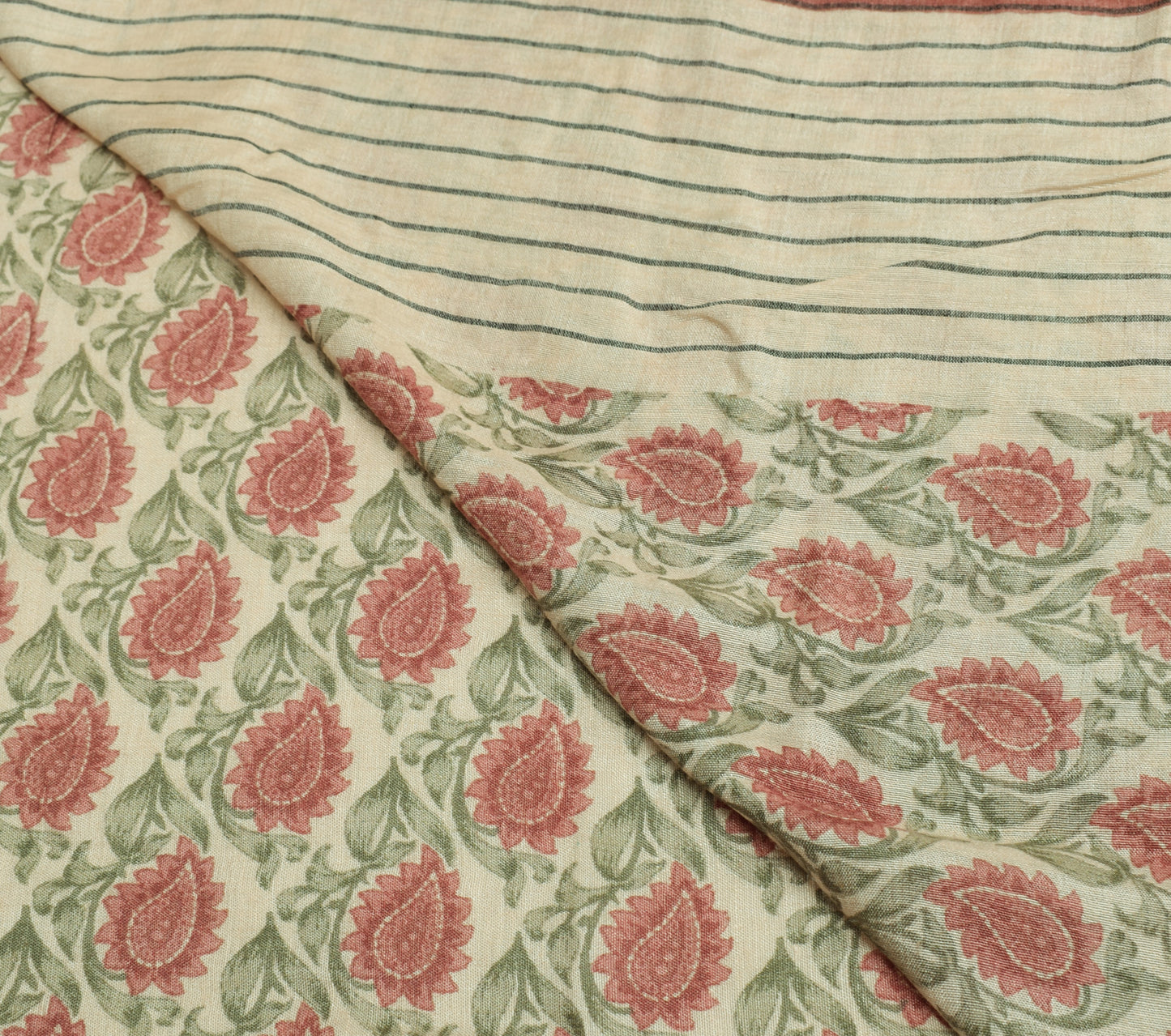 Sushila Vintage Cream Saree 100% Pure Silk Woven Paisley Soft Sari Craft Fabric