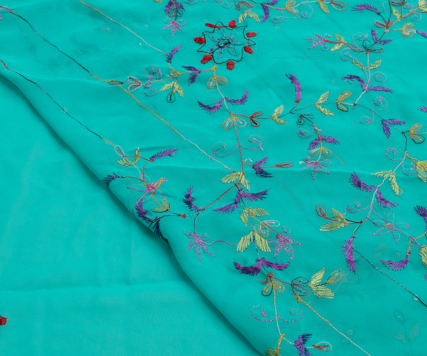 Sushila Vintage Aqua Blue Saree Georgette Silk Embroidered Floral Sari Fabric