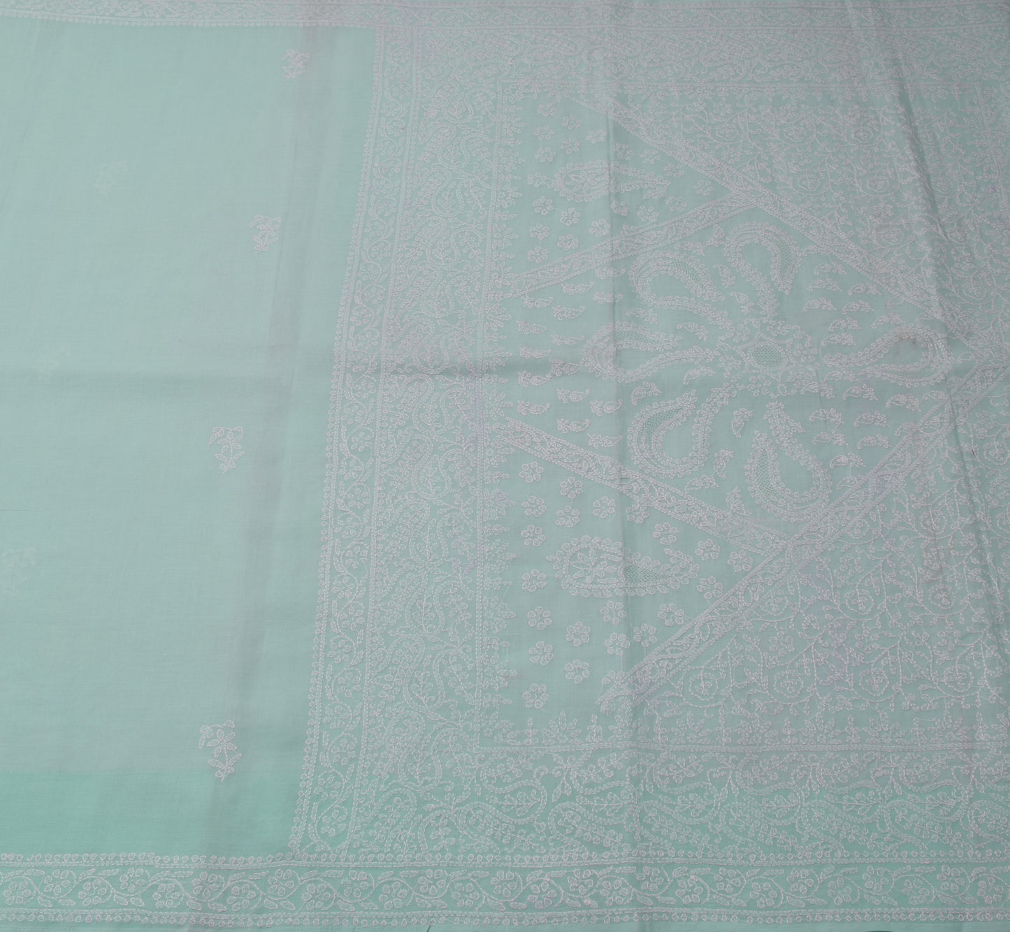 Sushila Vintage Light Blue Saree Blend Cotton Chikankari Embroidered Sari Fabric