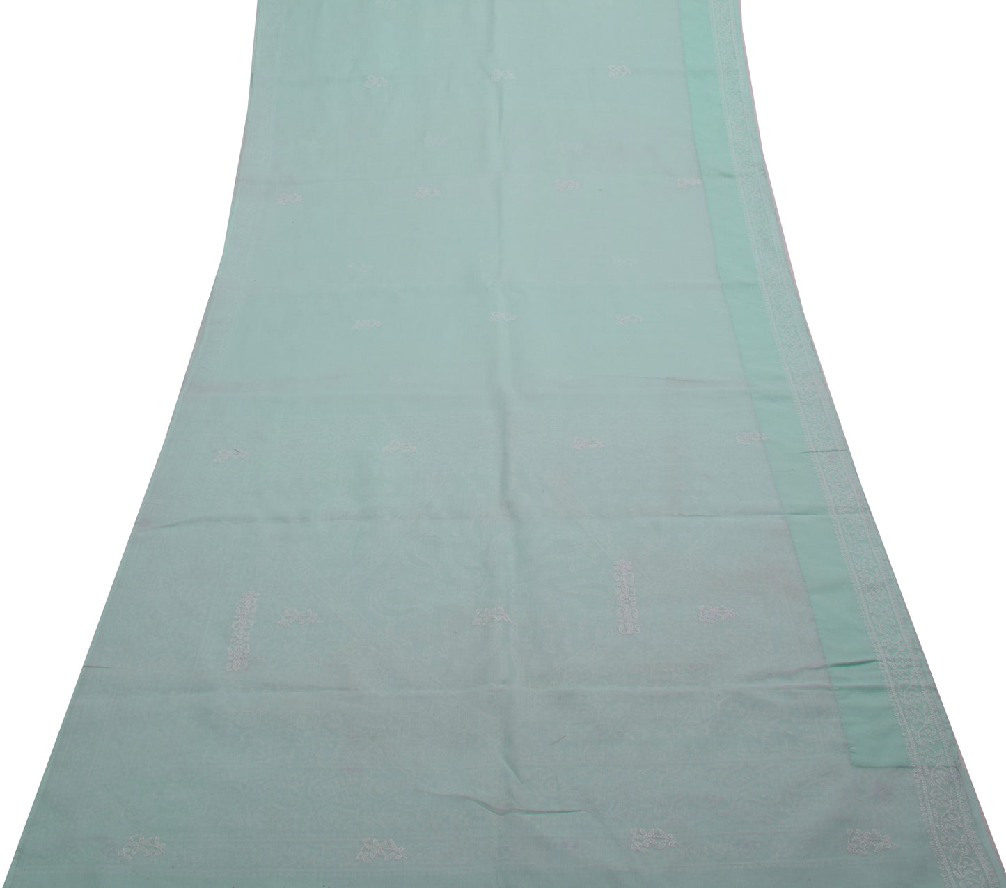 Sushila Vintage Light Blue Saree Blend Cotton Chikankari Embroidered Sari Fabric