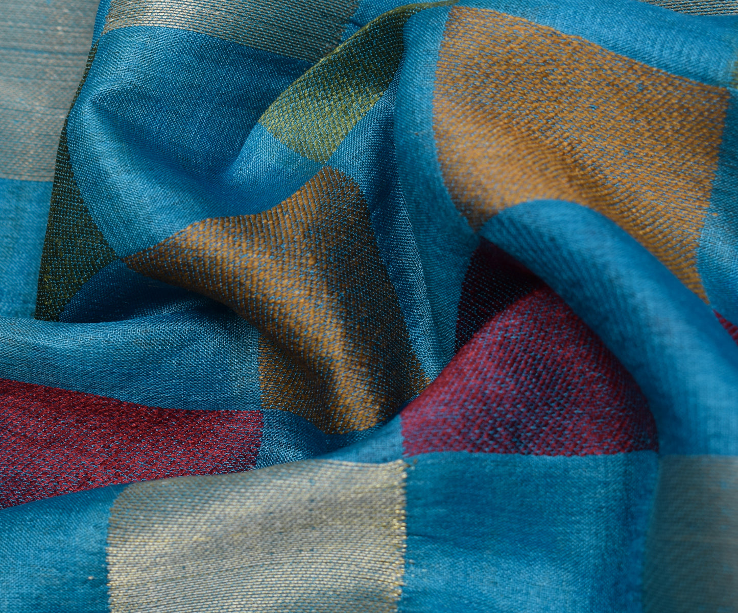 Sushila Vintage Turquoise Blue Saree 100%Pure Silk Woven Checks 5 YD Sari Fabric