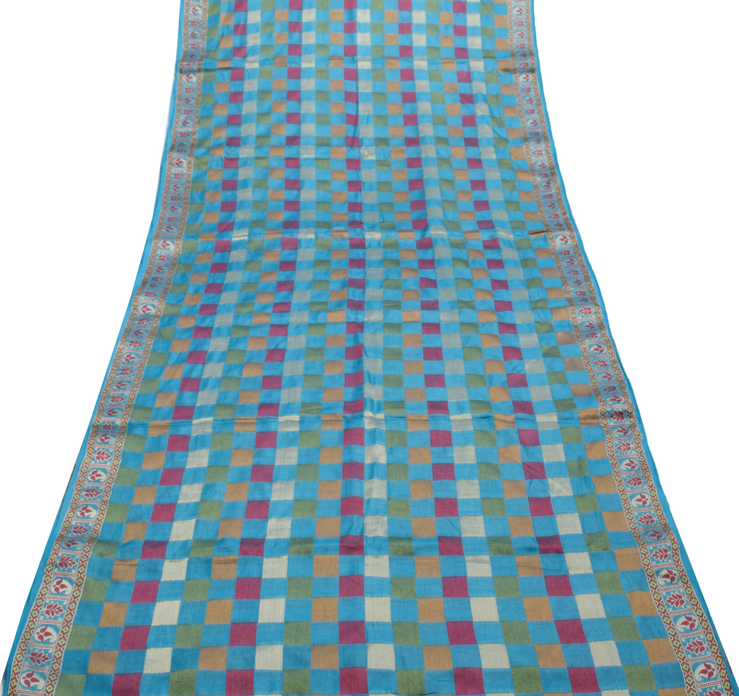 Sushila Vintage Turquoise Blue Saree 100%Pure Silk Woven Checks 5 YD Sari Fabric