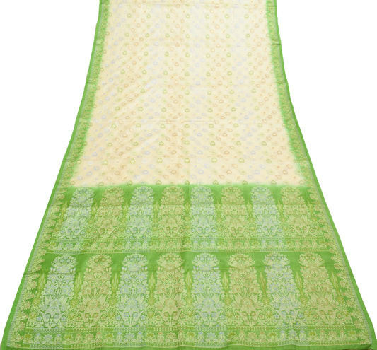 Sushila Vintage Cream Saree 100% Pure Silk All Over Woven Floral 5YD Sari Fabric