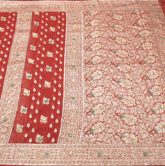 Sushila Vintage Red Heavy Saree Blend Silk Banarasi Brocade Woven Sari Fabric