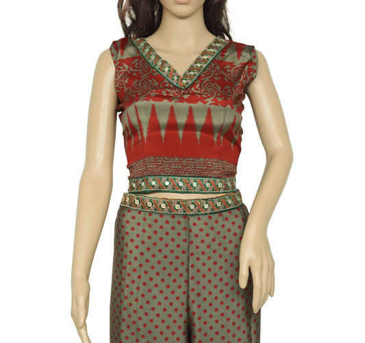 Sushila Vintage Blend Silk Sari upcycled Aladdin Pants & Crop Top Set Gray