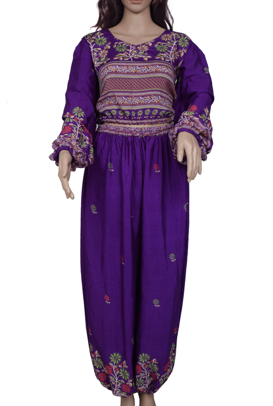 Sushila Vintage Women Dress Silk Sari upcycled Aladdin Pant Afghani Top Purple