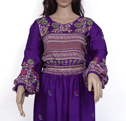 Sushila Vintage Women Dress Silk Sari upcycled Aladdin Pant Afghani Top Purple
