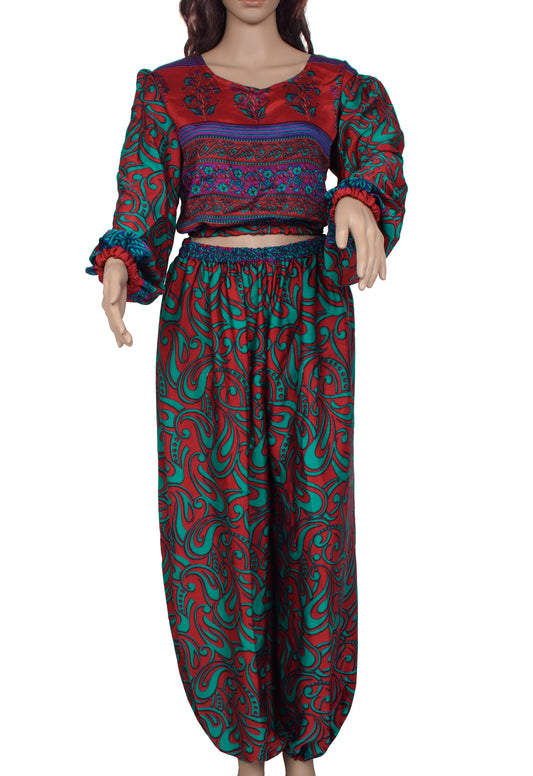 Sushila Vintage Women Dress Silk Sari upcycled Aladdin Pants Afghani Top Red