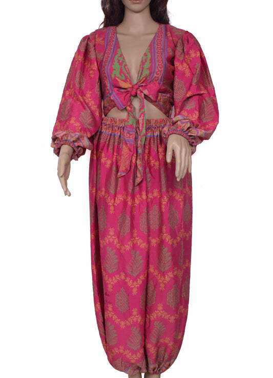 Sushila Vintage Women Dress Blend Silk Sari upcycled Aladdin Pants Crop Top Pink
