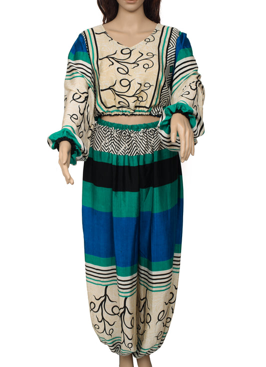 Sushila Vintage Women Dress Blend Silk Sari upcycled Aladdin Pants & Top Set