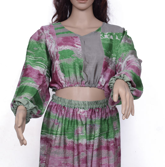 Sushila Vintage Blend Silk Sari upcycled Aladdin Pants Afghani Top Multi-Color