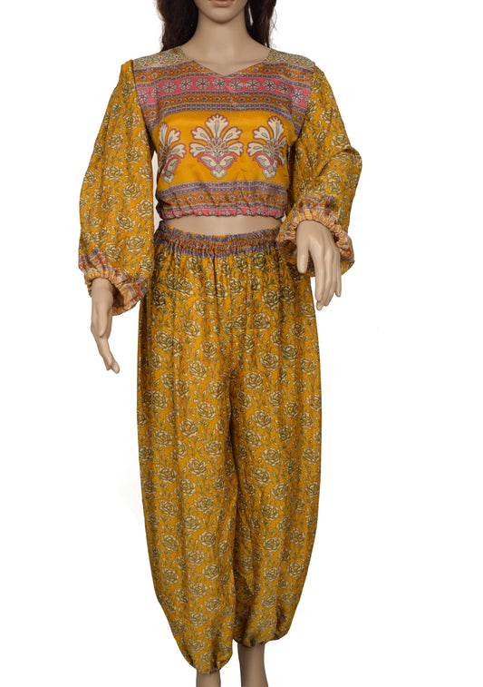 Sushila Vintage Blend Silk Sari upcycled Aladdin Pants Afghani Top Mustard