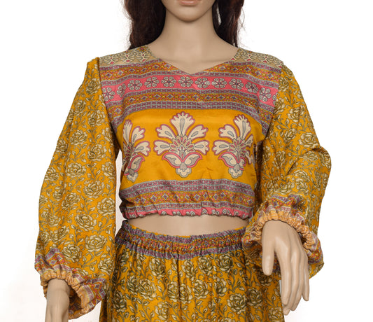 Sushila Vintage Blend Silk Sari upcycled Aladdin Pants Afghani Top Mustard