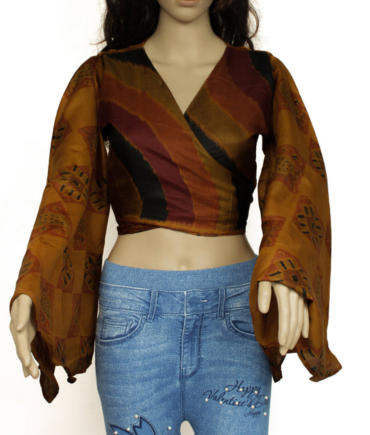 Sushila Vintage Bohemian Bell Sleeve Recycled Silk Saree Top 70,s Retro Brown