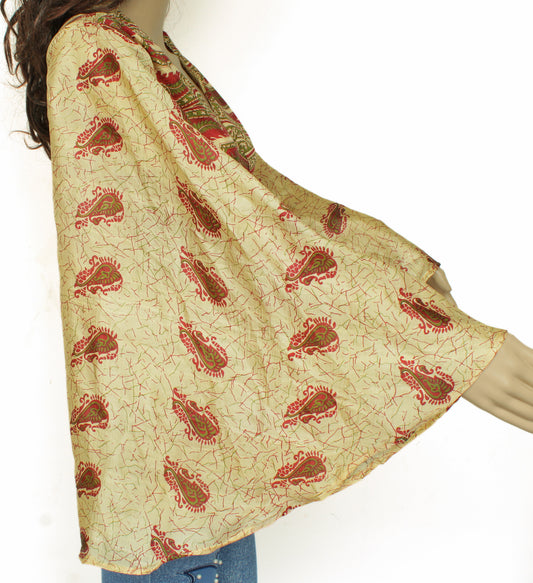Sushila Vintage Bohemian Bell Sleeve Recycled Silk Saree Top 70,s Retro Cream