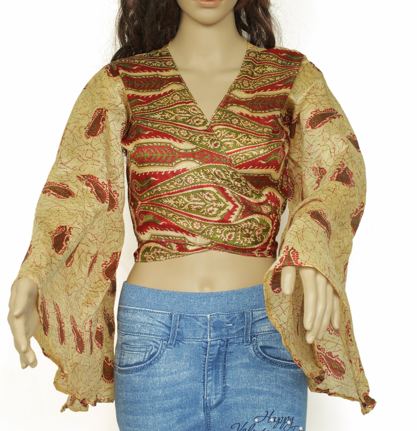 Sushila Vintage Bohemian Bell Sleeve Recycled Silk Saree Top 70,s Retro Cream