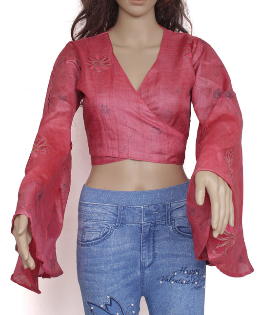 Sushila Vintage NEW Bohemian Bell Sleeve Recycled Silk Saree Top 70,s Retro Pink