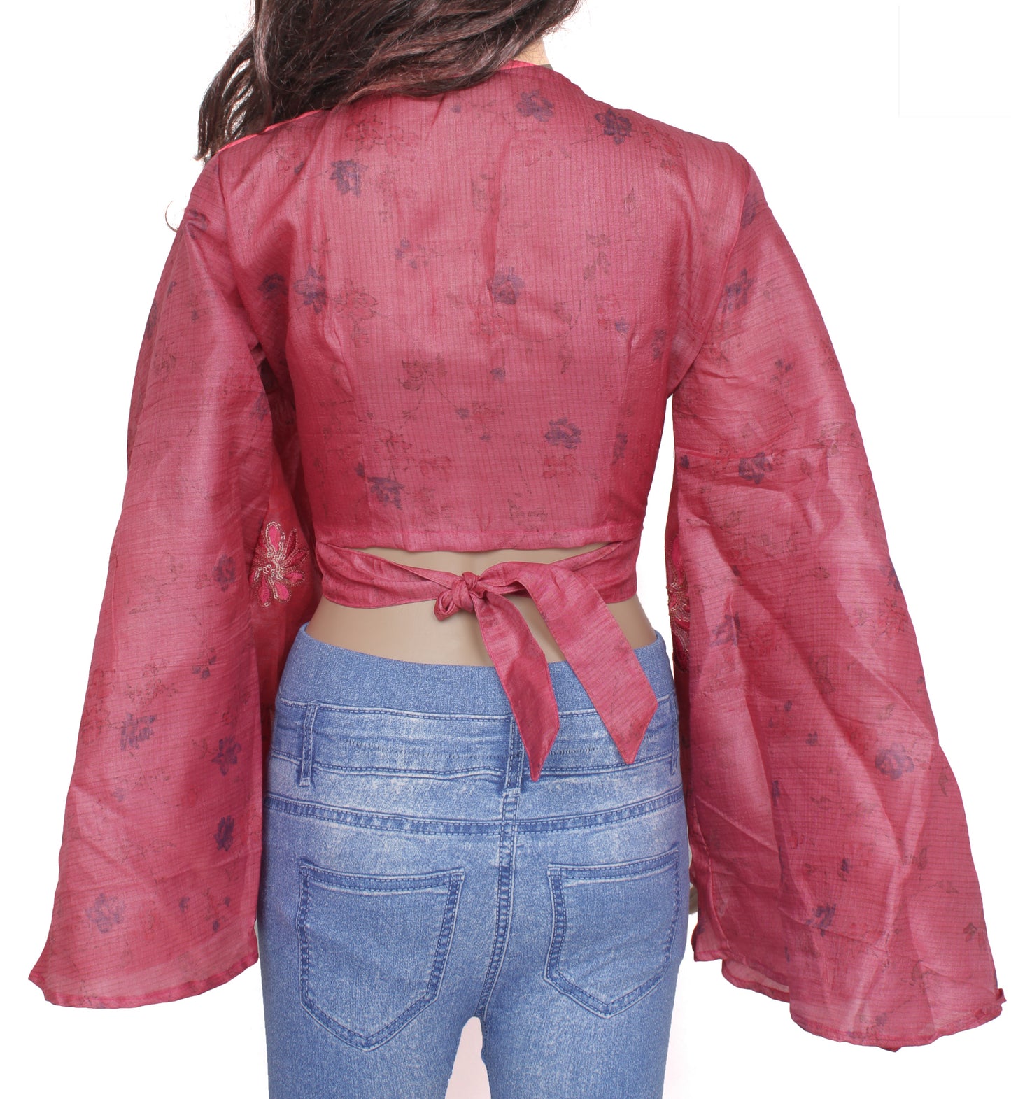 Sushila Vintage NEW Bohemian Bell Sleeve Recycled Silk Saree Top 70,s Retro Pink