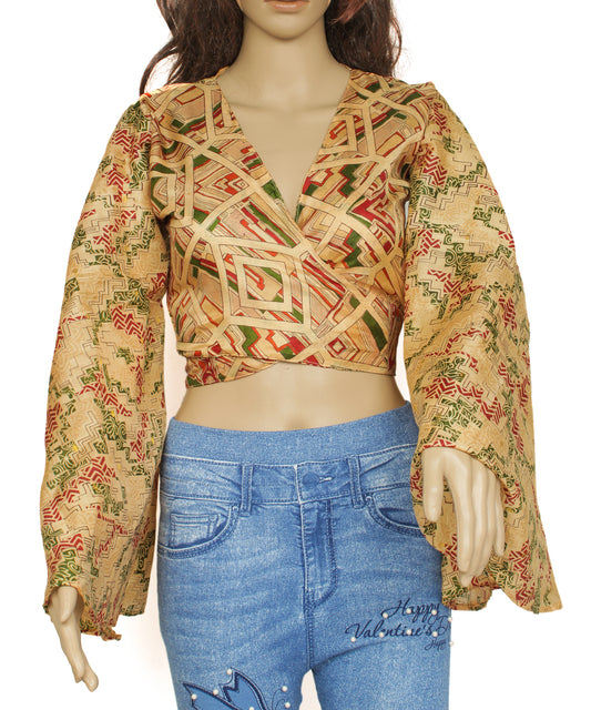 Sushila Vintage Bohemian Bell Sleeve Recycled Silk Saree Top 70,s Retro Cream