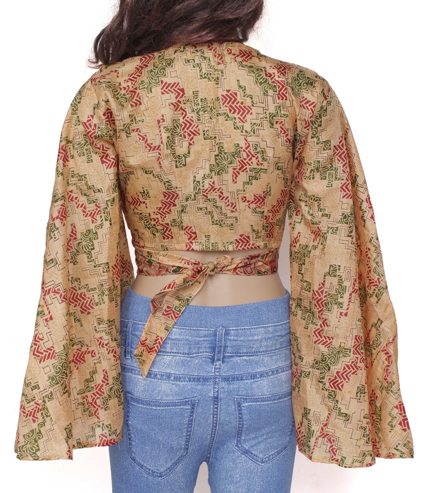 Sushila Vintage Bohemian Bell Sleeve Recycled Silk Saree Top 70,s Retro Cream