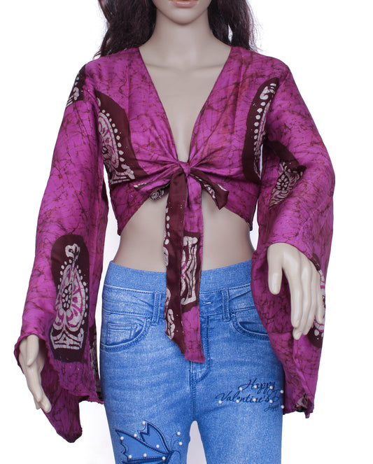 Sushila Vintage Bohemian Bell Sleeve Recycled Silk Saree Top 70,s Retro Purple