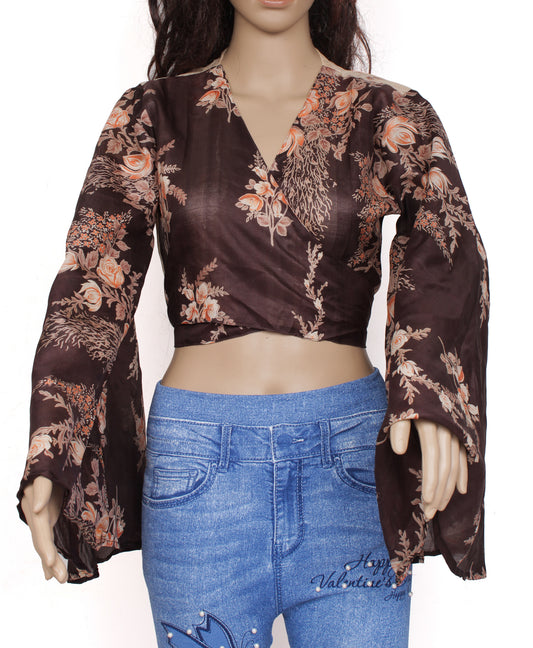 Sushila Vintage Bohemian Bell Sleeve Recycled Silk Saree Top 70,s Retro Brown