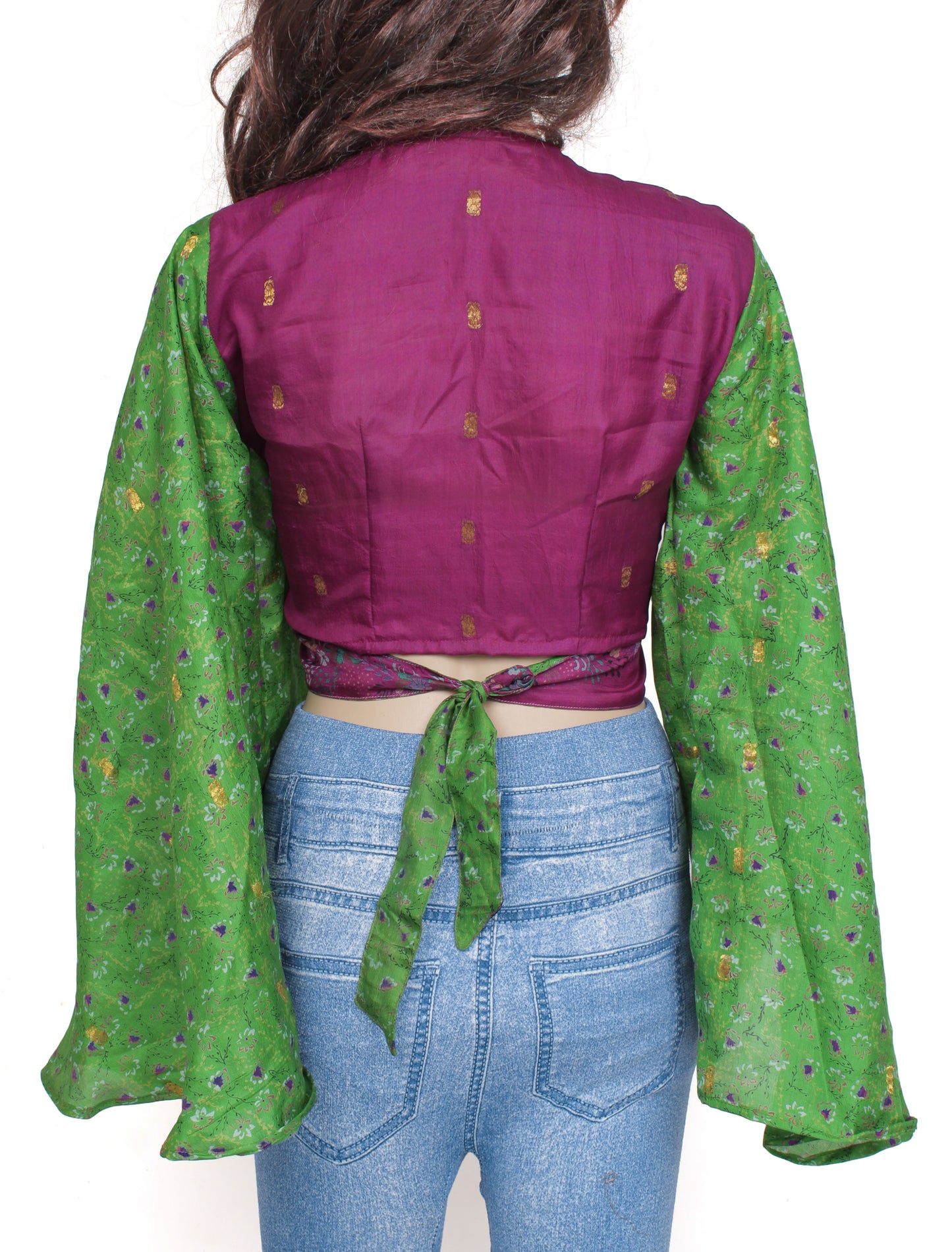 Sushila Vintage Bohemian Bell Sleeve Recycled Silk Saree Top 70,s Retro Green