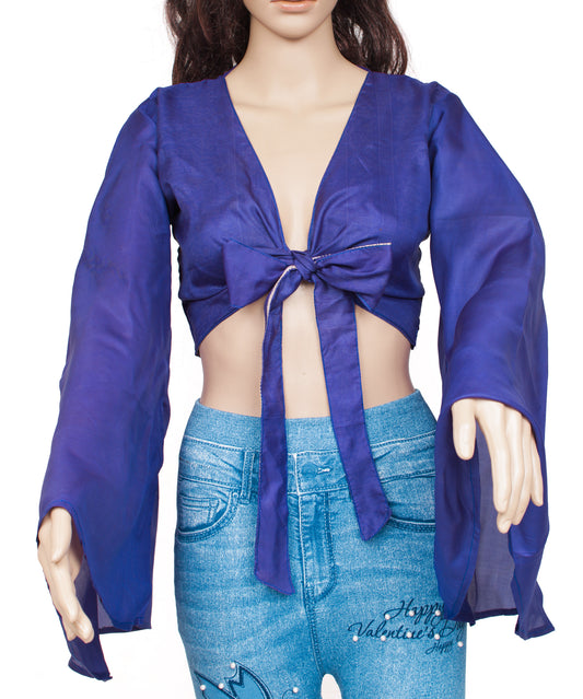 Sushila Vintage NEW Bohemian Bell Sleeve Recycled Silk Saree Top 70,s Retro Blue