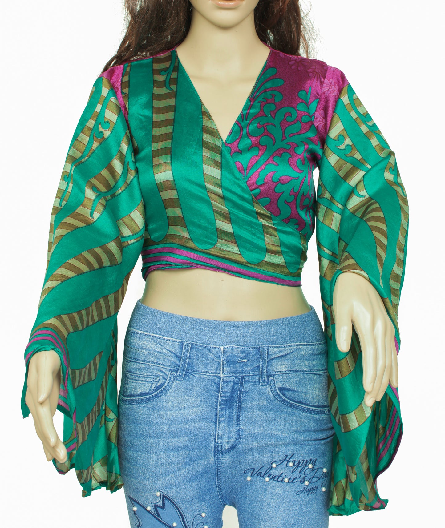 Sushila Vintage Bohemian Bell Sleeve Recycled Silk Saree Top 70,s Retro Green