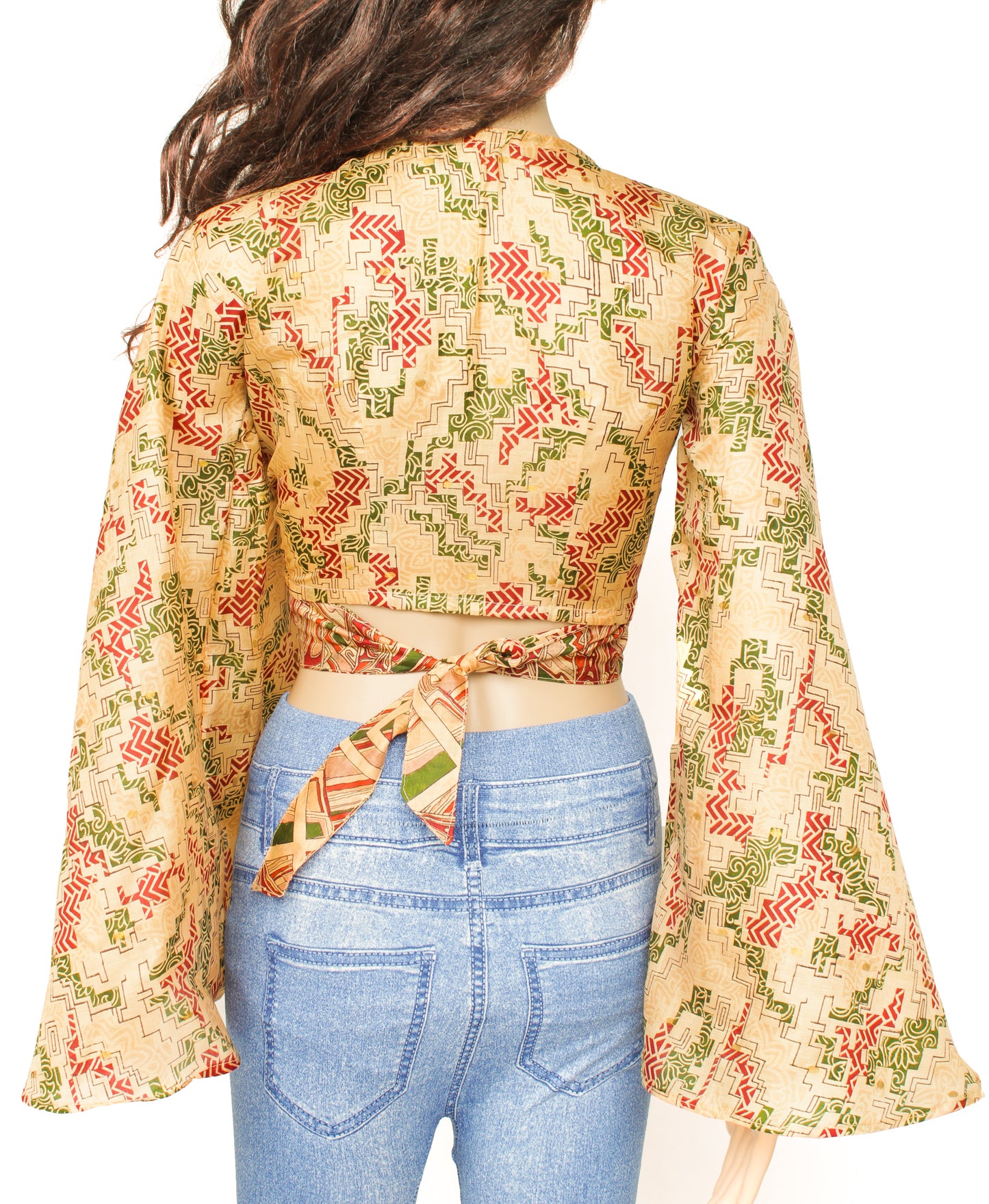 Sushila Vintage Bohemian Bell Sleeve Recycled Silk Saree Top 70,s Retro Cream