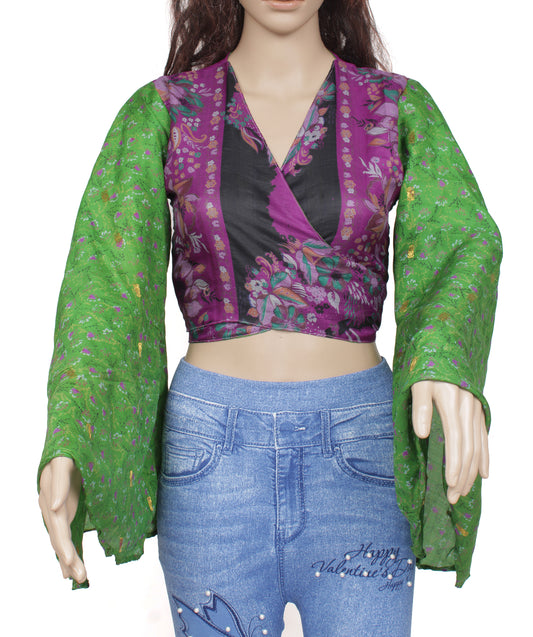 Sushila Vintage Bohemian Bell Sleeve Recycled Silk Saree Top 70,s Retro Green