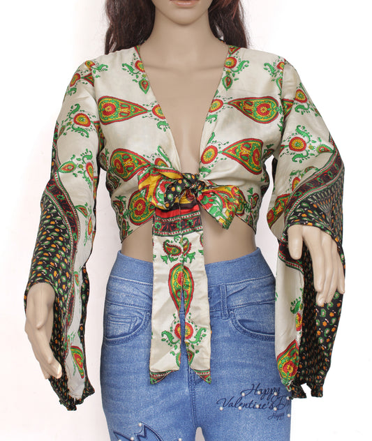 Sushila Vintage Bohemian Bell Sleeve Recycled Silk Saree Top 70,s Retro Cream