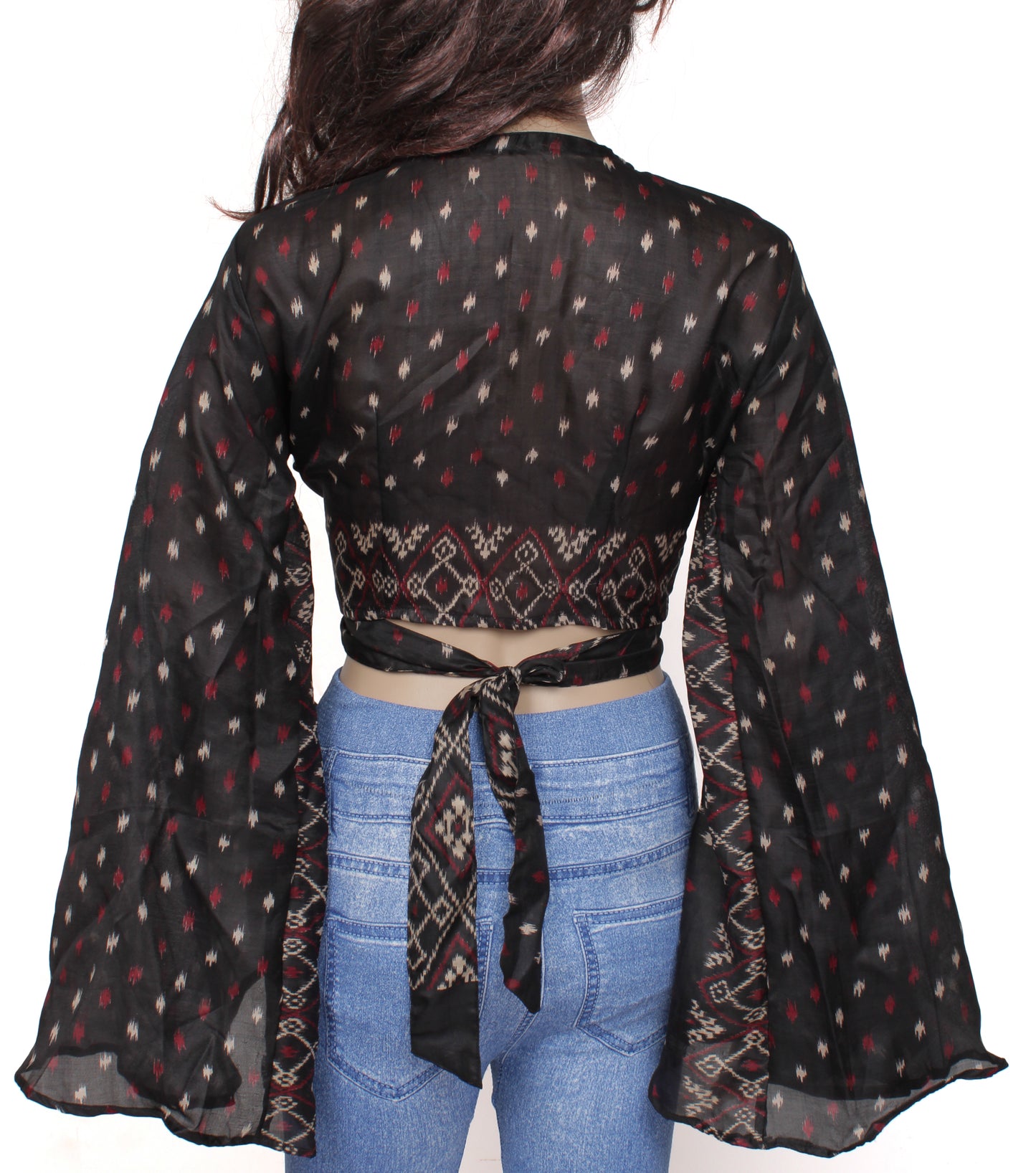 Sushila Vintage Bohemian Bell Sleeve Recycled Silk Saree Top 70,s Retro Black