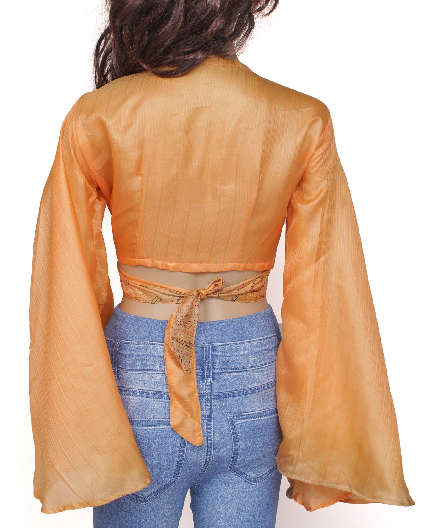 Sushila Vintage Bohemian Bell Sleeve Recycled Silk Saree Top 70,s Retro Peach