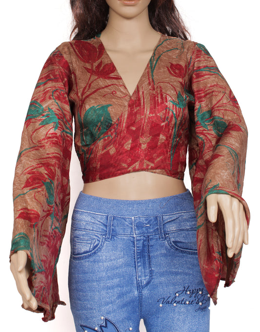 Sushila Vintage NEW Bohemian Bell Sleeve Recycled Silk Saree Top 70,s Retro