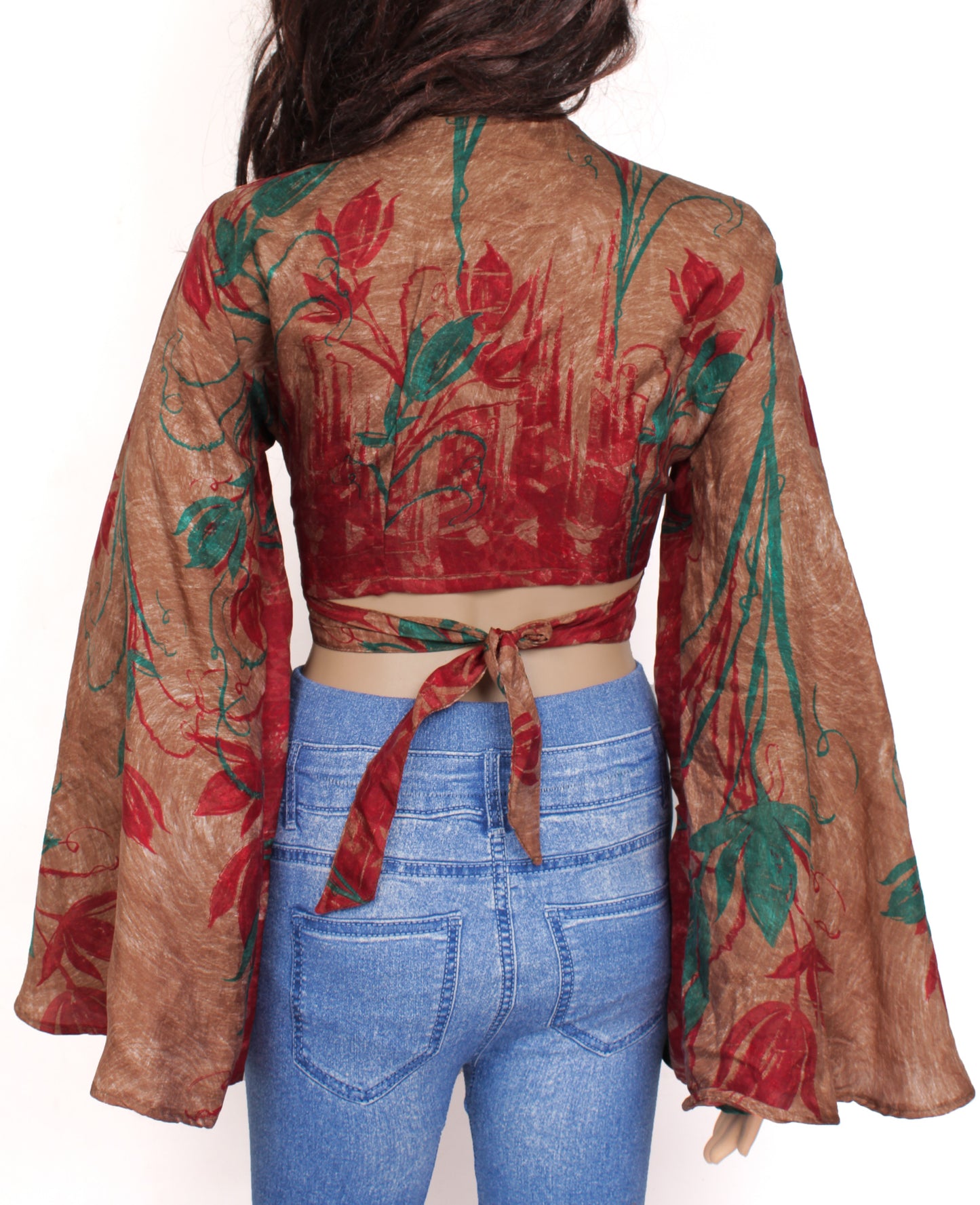 Sushila Vintage NEW Bohemian Bell Sleeve Recycled Silk Saree Top 70,s Retro