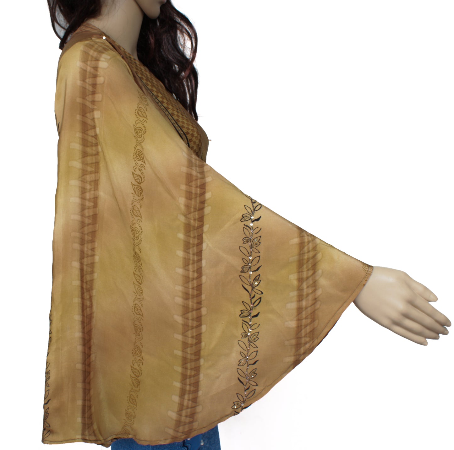 Sushila Vintage Bohemian Bell Sleeve Recycled Silk Saree Top 70,s Retro Brown