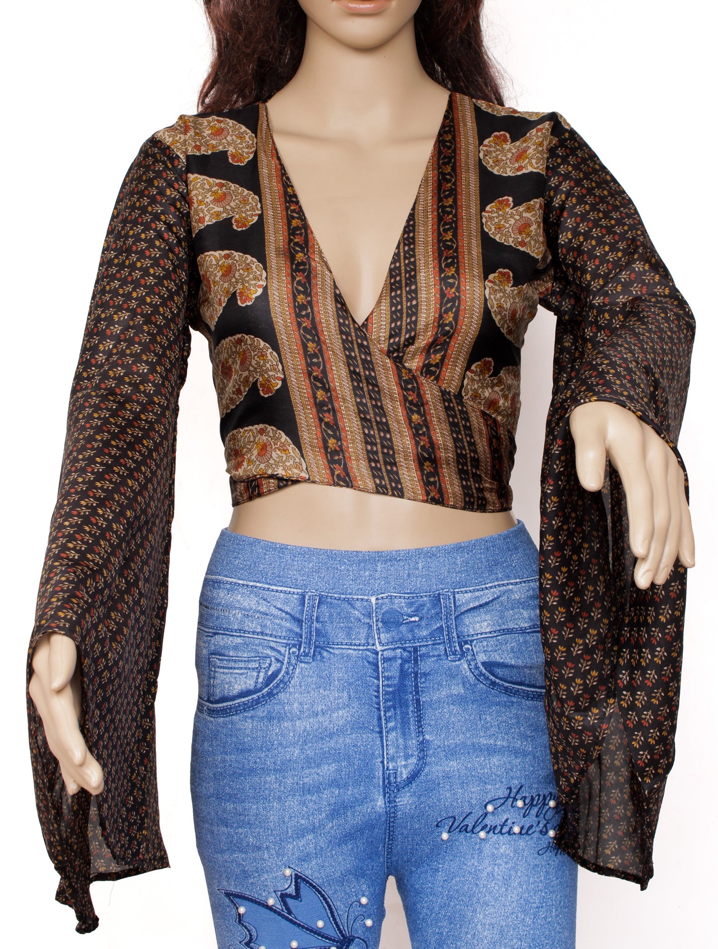 Sushila Vintage NEW Bohemian Bell Sleeve Recycled Silk Sari Top 70,s Retro Black
