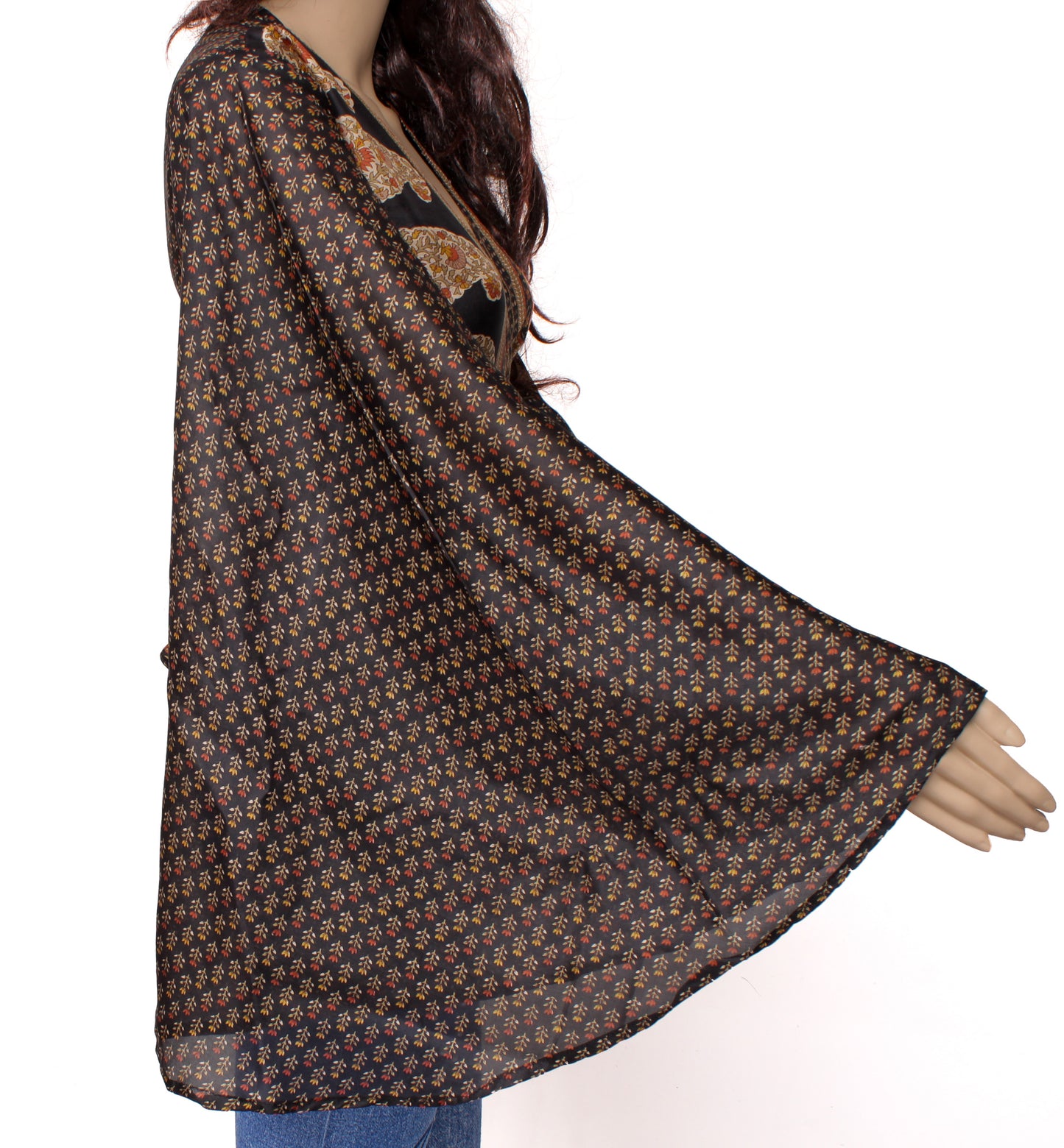 Sushila Vintage NEW Bohemian Bell Sleeve Recycled Silk Sari Top 70,s Retro Black