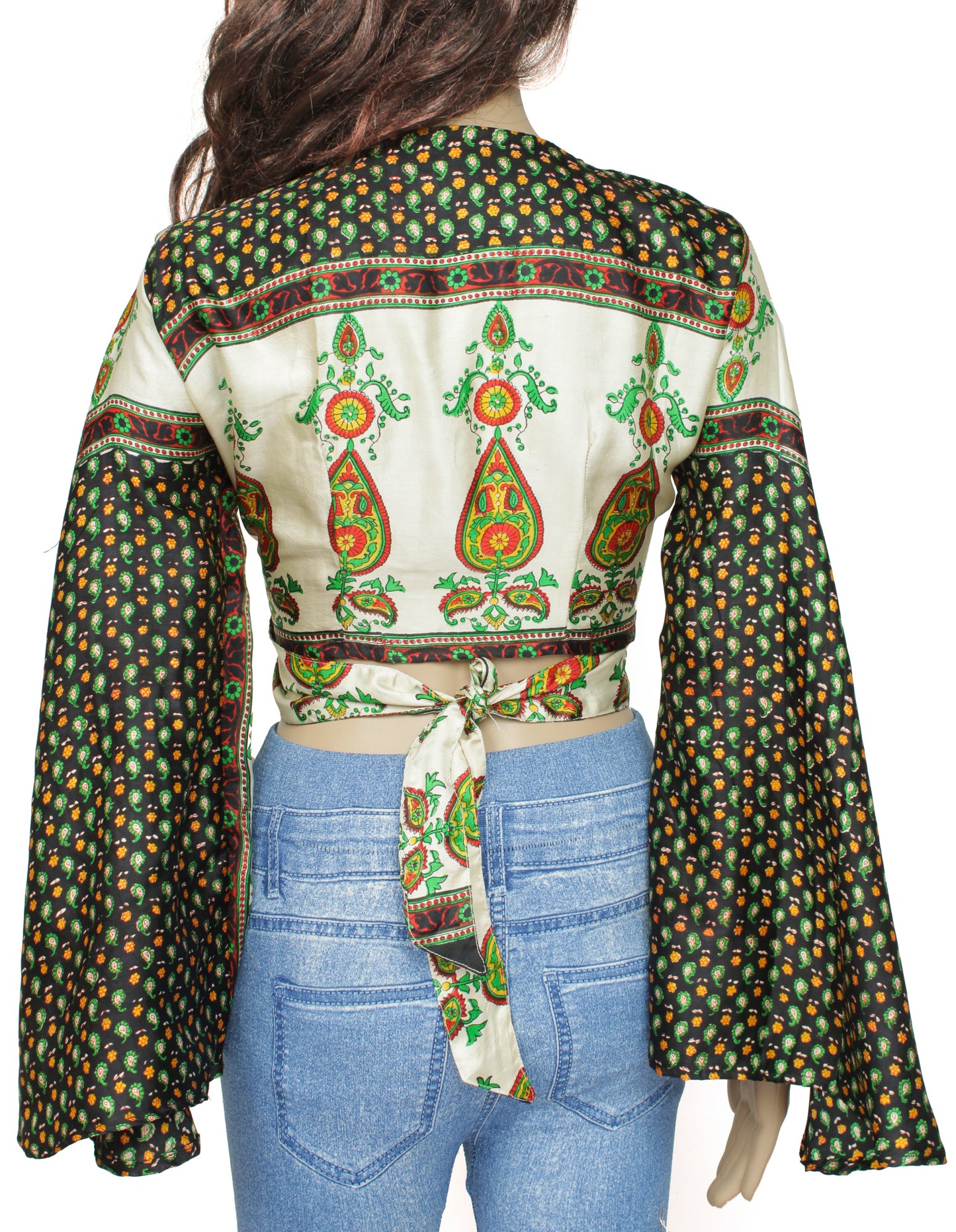 Sushila Vintage Bohemian Bell Sleeve Recycled Silk Saree Top 70,s Retro Cream