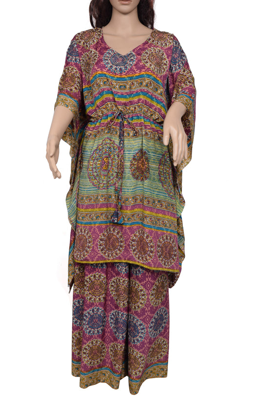 Sushila Vintage Women Dress Blend Silk Sari upcycled Palazzo Pants Kafhtan Top