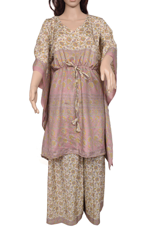 Sushila Vintage Women Dress Silk Sari upcycled Plazo Pants Kafhtan Top Cream