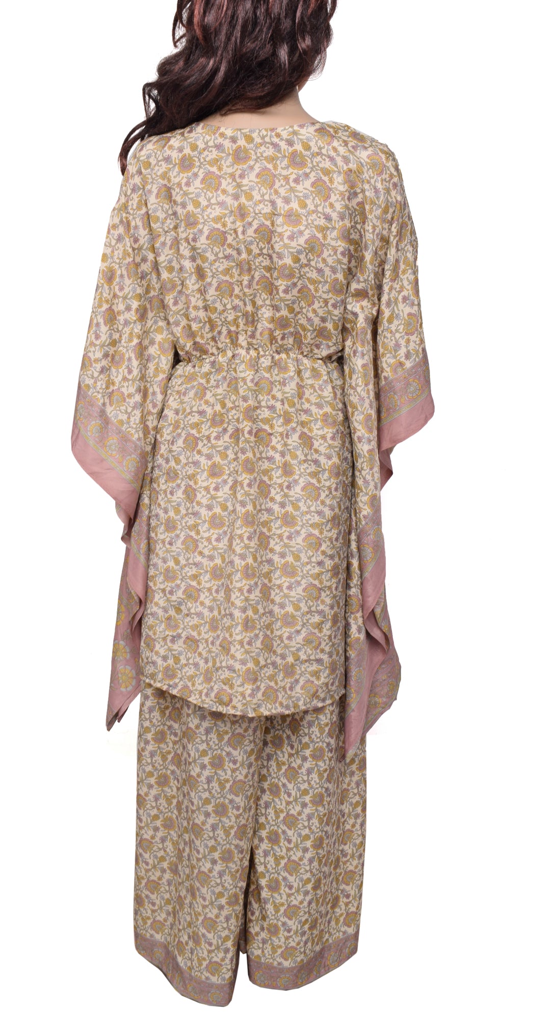 Sushila Vintage Women Dress Silk Sari upcycled Plazo Pants Kafhtan Top Cream