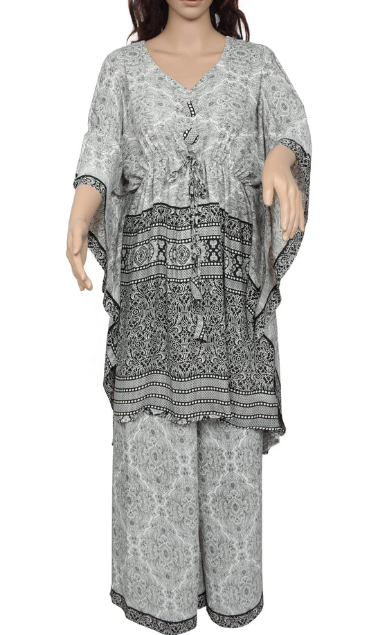 Sushila Vintage Blend Silk Sari upcycled Palazzo Pants Afghani Top Set White