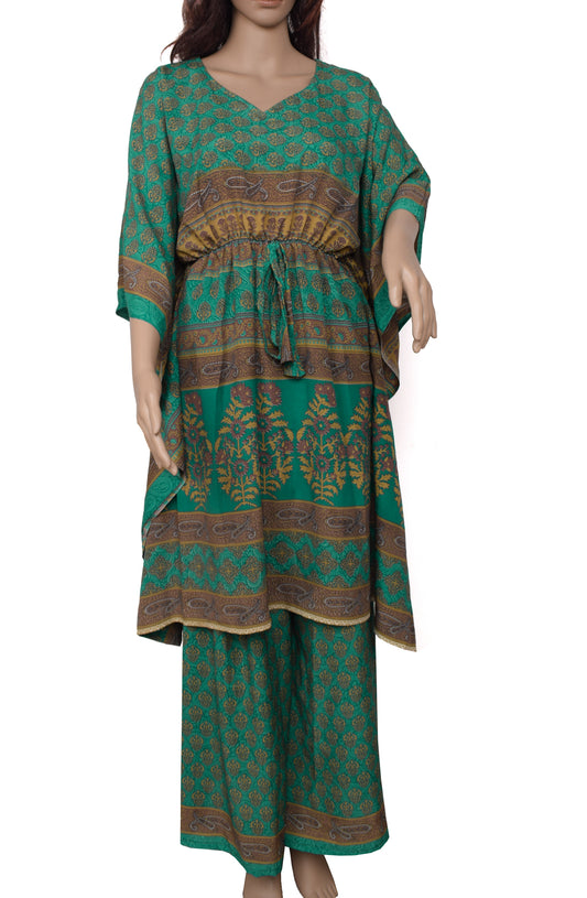Sushila Vintage Blend Silk Sari upcycled Palazzo Pants Kafhtan Top Aqua Green