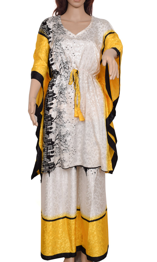 Sushila Vintage Women Dress Silk Sari upcycled Palazzo Pants Kafhtan Top White