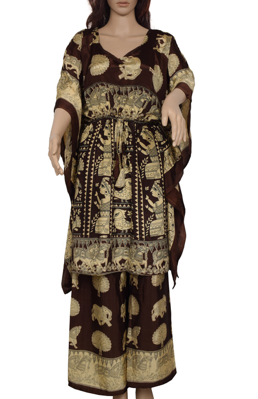 Sushila Vintage Women Dress Silk Sari upcycled Palazzo Pants Kafhtan Top Brown