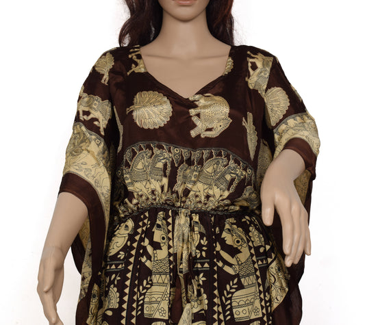 Sushila Vintage Women Dress Silk Sari upcycled Palazzo Pants Kafhtan Top Brown