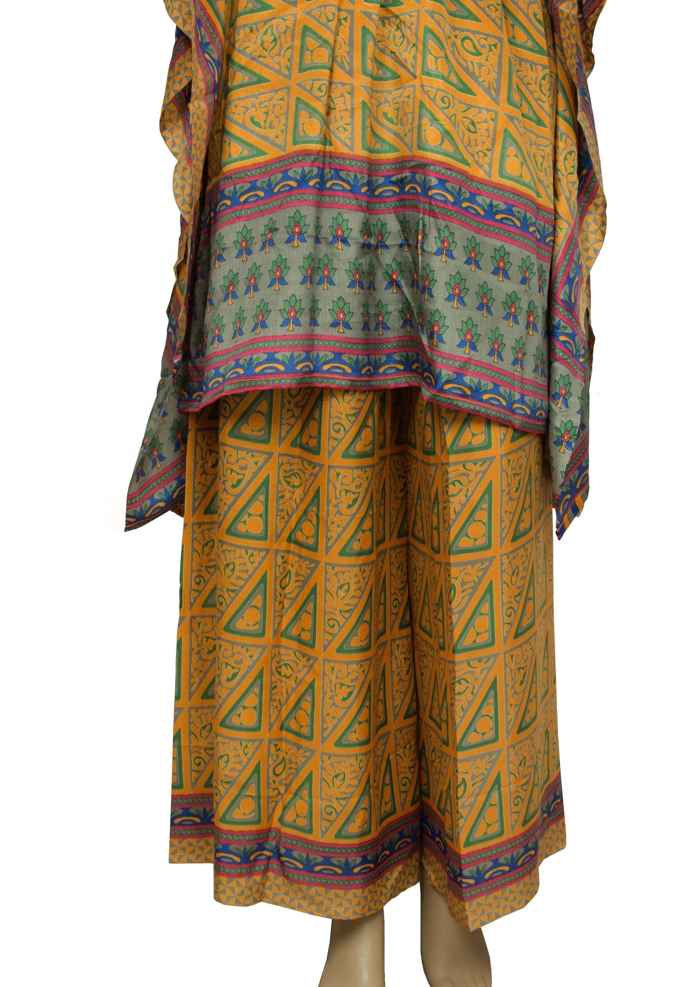 Sushila Vintage Blend Silk Sari upcycled Palazzo Pants & Kafhtan Top Set Mustard